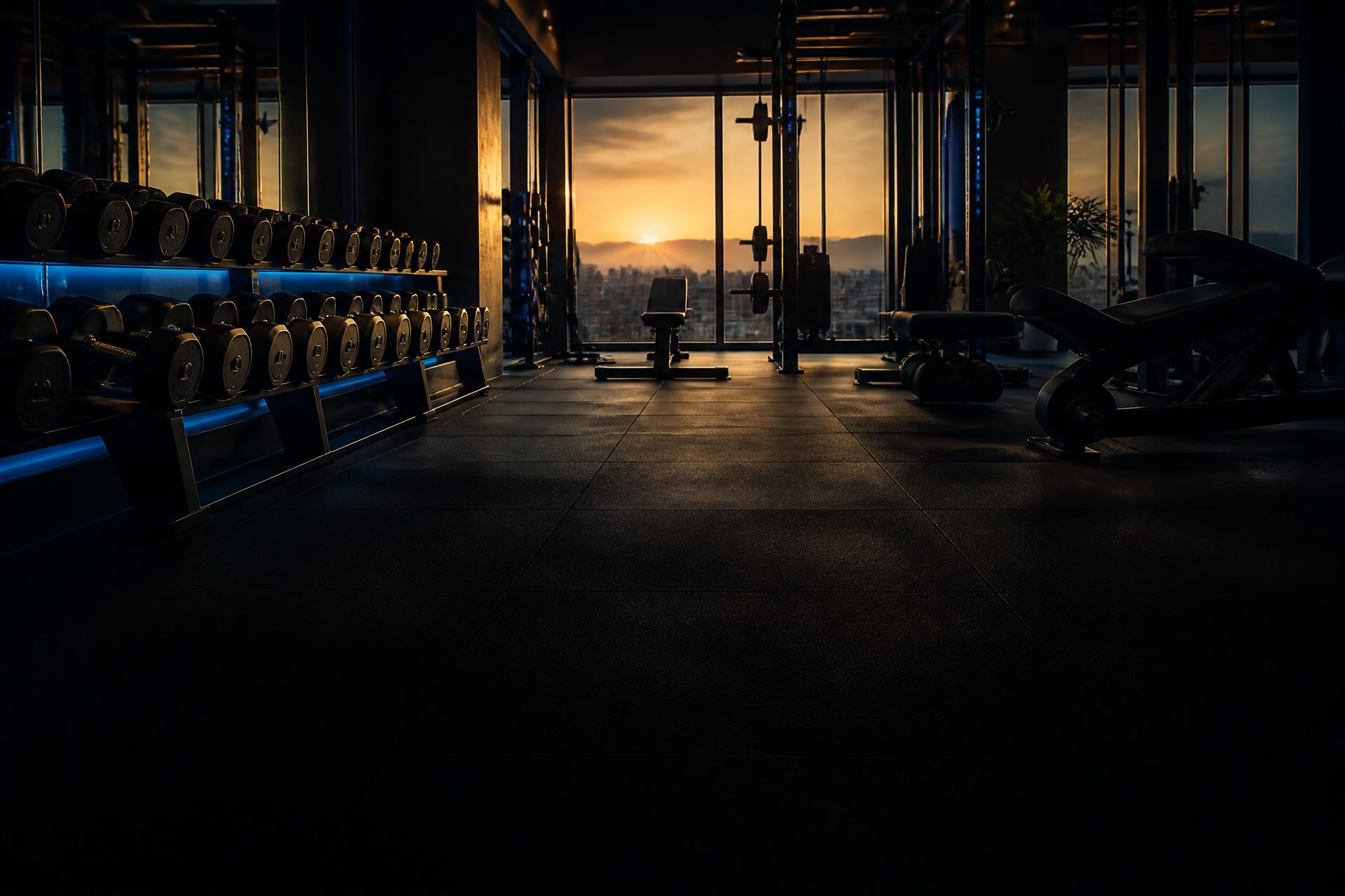 A moody premium gym interior at sunset with dumbbell racks and city views through floor-to-ceiling windows