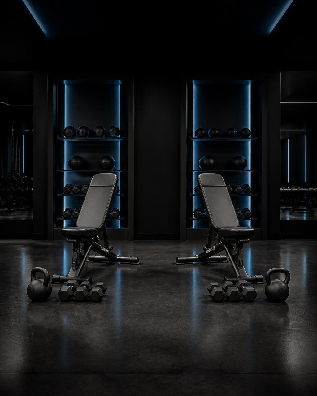 Dos estaciones de entrenamiento de primer nivel dispuestas para entrenamiento semi-privado en pareja en un gimnasio privado de lujo